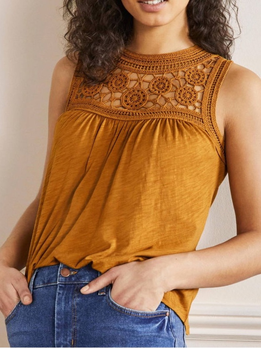 Boden Anais Crochet Yoke Tank Top - Mustard Brown